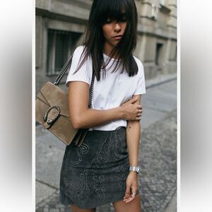 ZARA S Gray Laser Cut Suede Studded Leather Moto Back Zip Mini Skirt